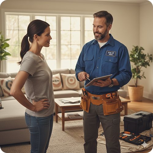 Maintenance professional discussing a repair with a homeowner