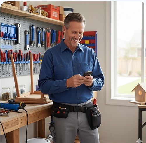 Handyman checking job requests on his phone in his workshop