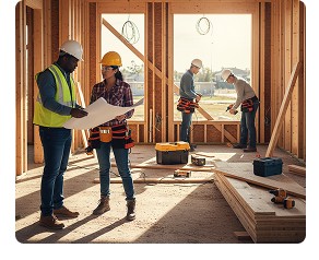 General contractors reviewing blueprints