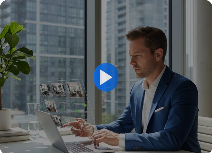 Property manager reviewing real-time data dashboard on a laptop